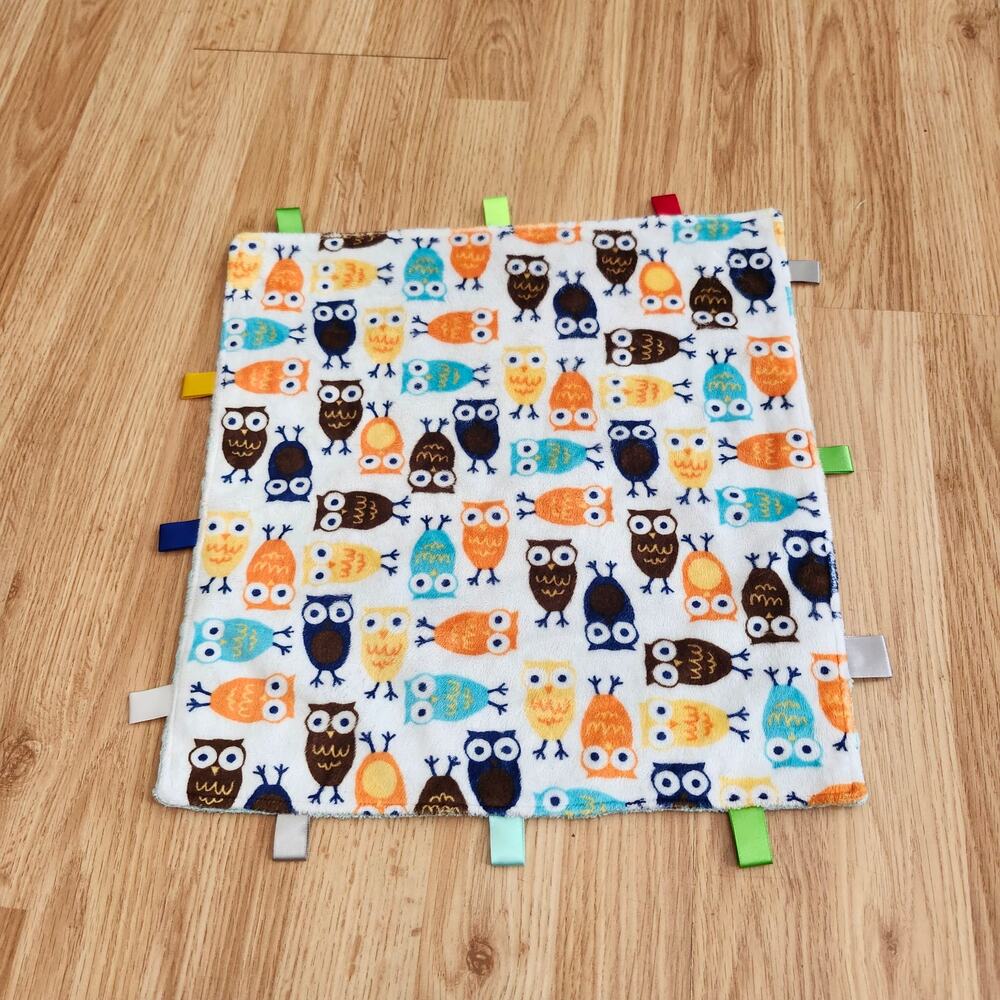 Owl Print Baby Tag Blanket Minky Dot Security Lovey Plush 14x14.5 Square Soft